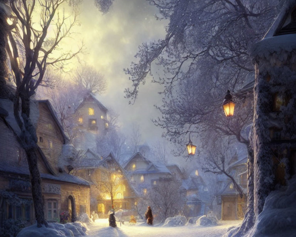 Snow-covered winter village scene with glowing street lamps and horse-drawn sleigh