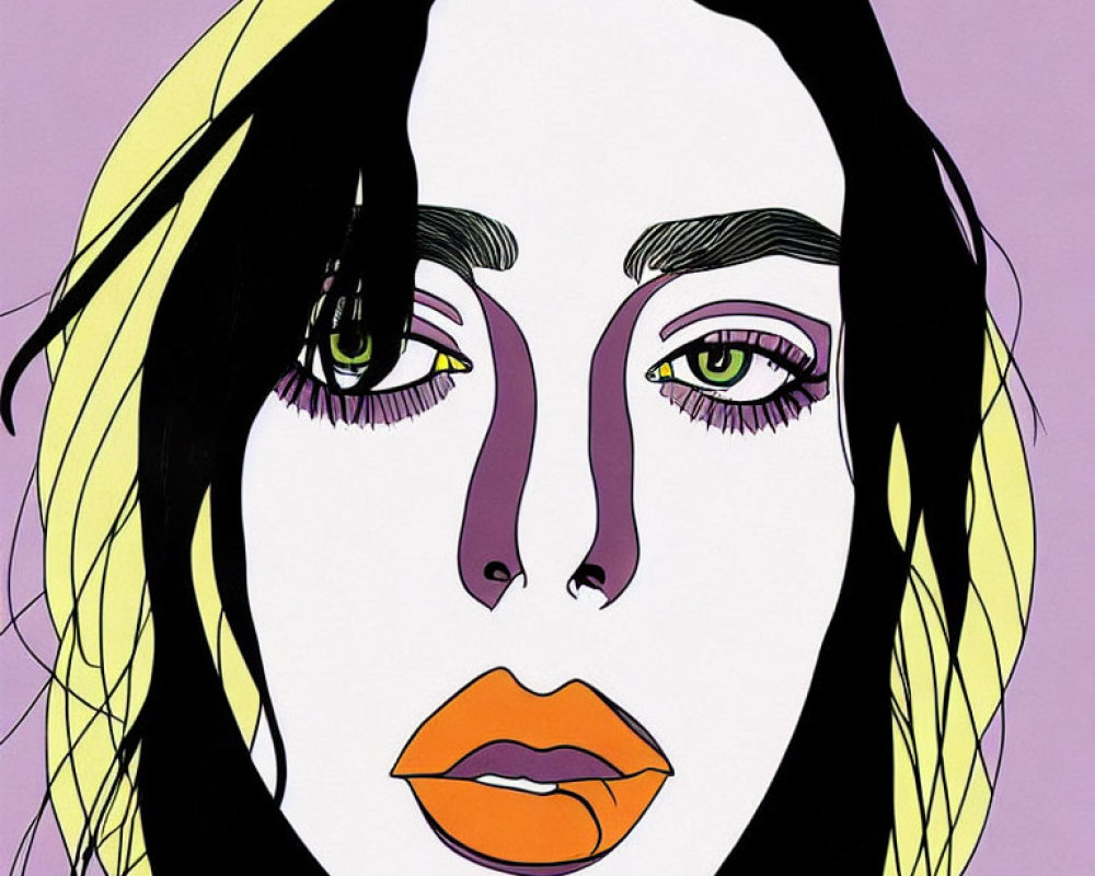 Colorful illustration of woman's face with yellow-lined eyes and orange lips on purple background