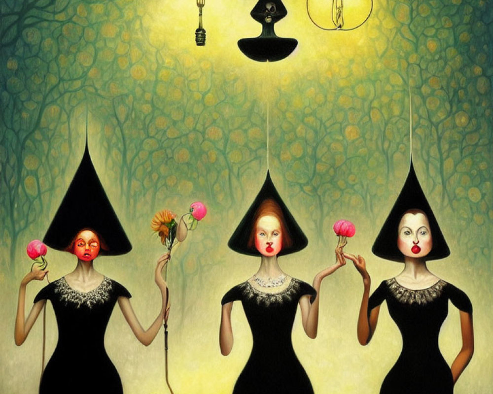 Four women in cone-shaped hats with colorful orbs, floating lamps, and surreal backdrop