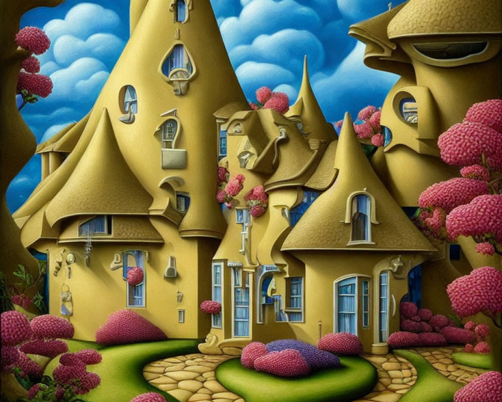 Whimsical fantasy illustration of yellow houses in lush greenery