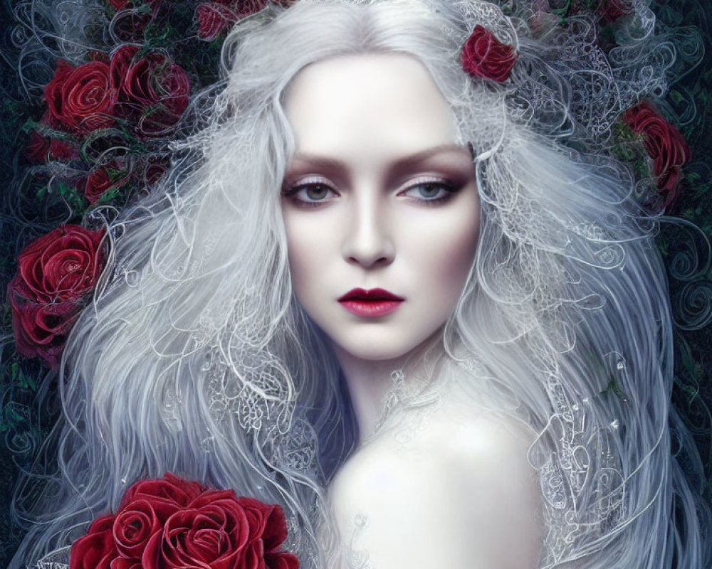 Pale woman with red lips and silver-white hair adorned with red roses and lace