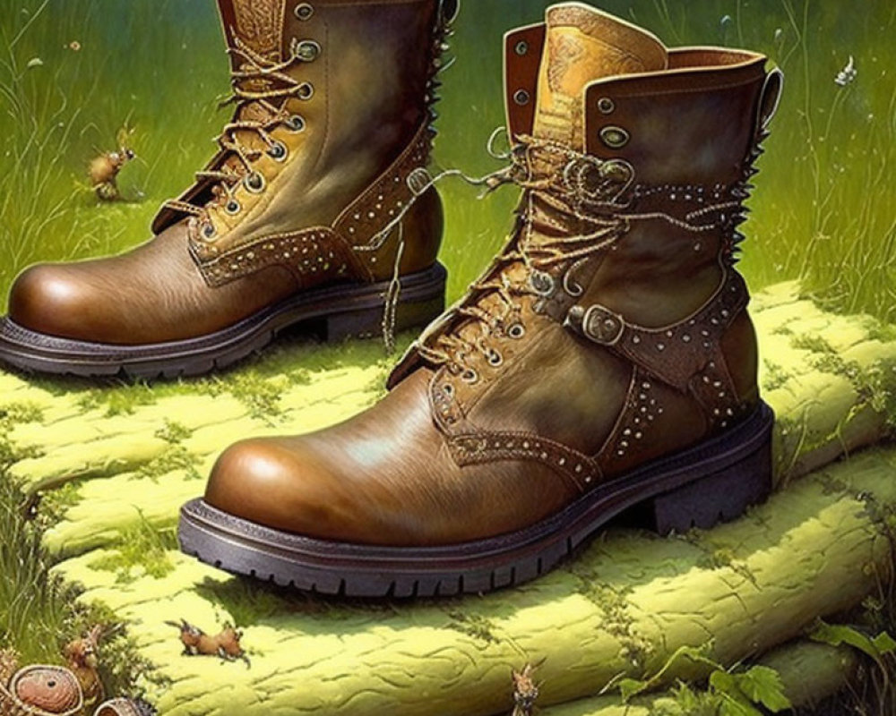 Brown Leather Boots with Intricate Details on Green Moss with Whimsical Creatures