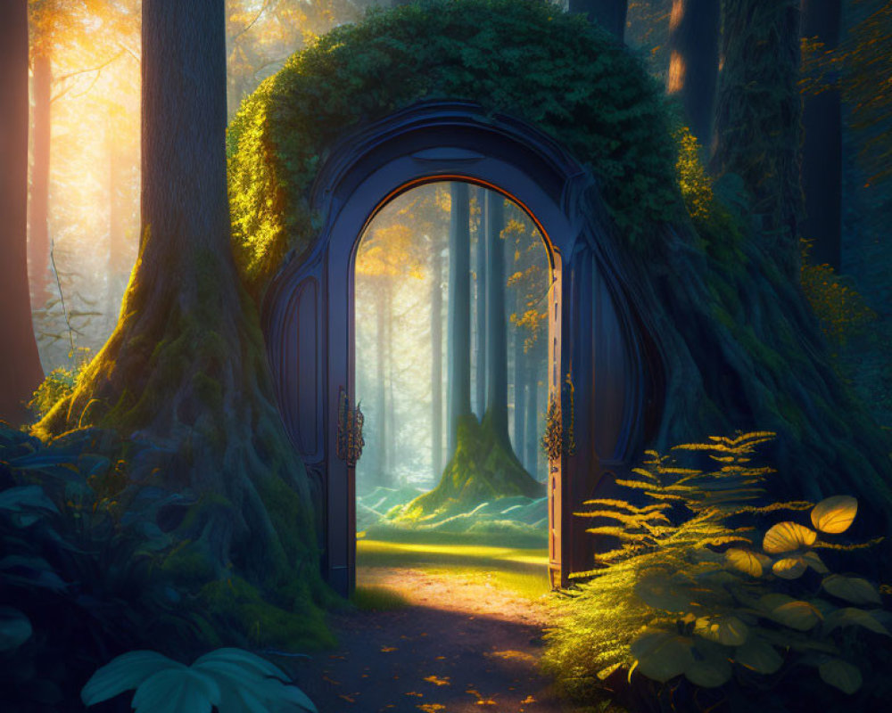 Mystical Forest Scene with Open Doorway and Sunlight