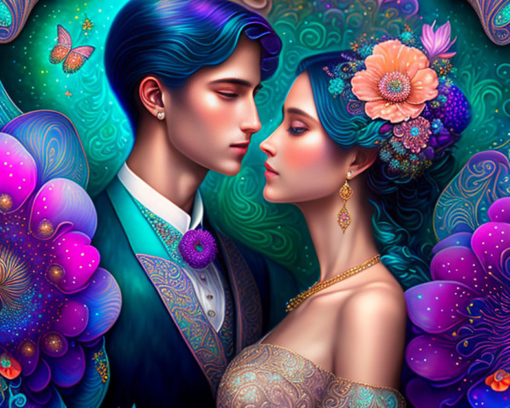 Colorful profile illustration of man and woman with ornate floral patterns