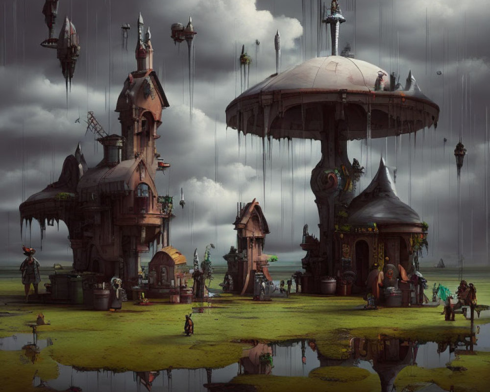 Fantastical Rainy Landscape with Quirky Elevated Buildings