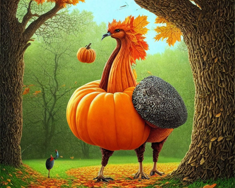 Pumpkin-bodied creature with avian legs in autumn setting