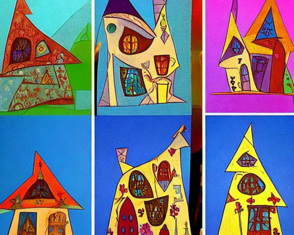 Six Colorful Abstract House Drawings in Two-by-Three Grid