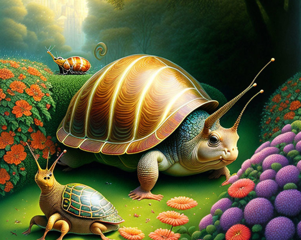 Colorful Snail Fantasy Illustration in Lush Garden