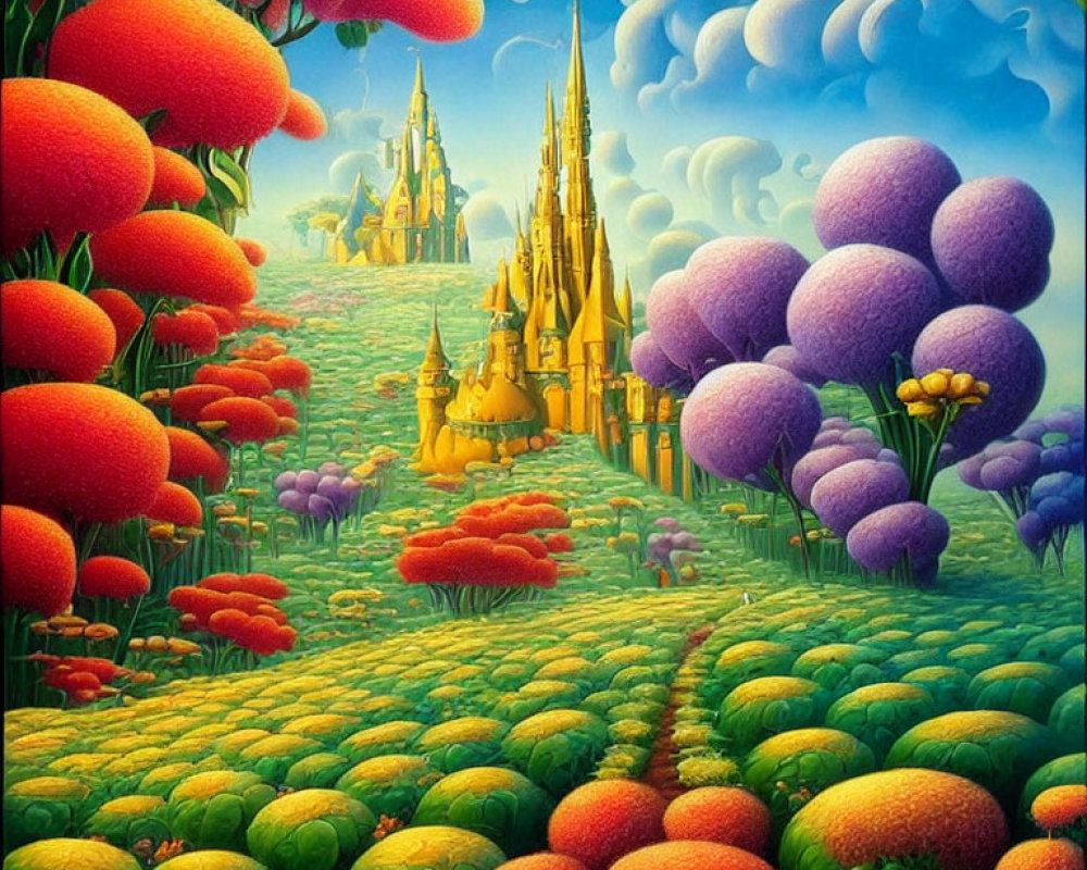 Colorful Fantasy Landscape with Castle and Oversized Flora