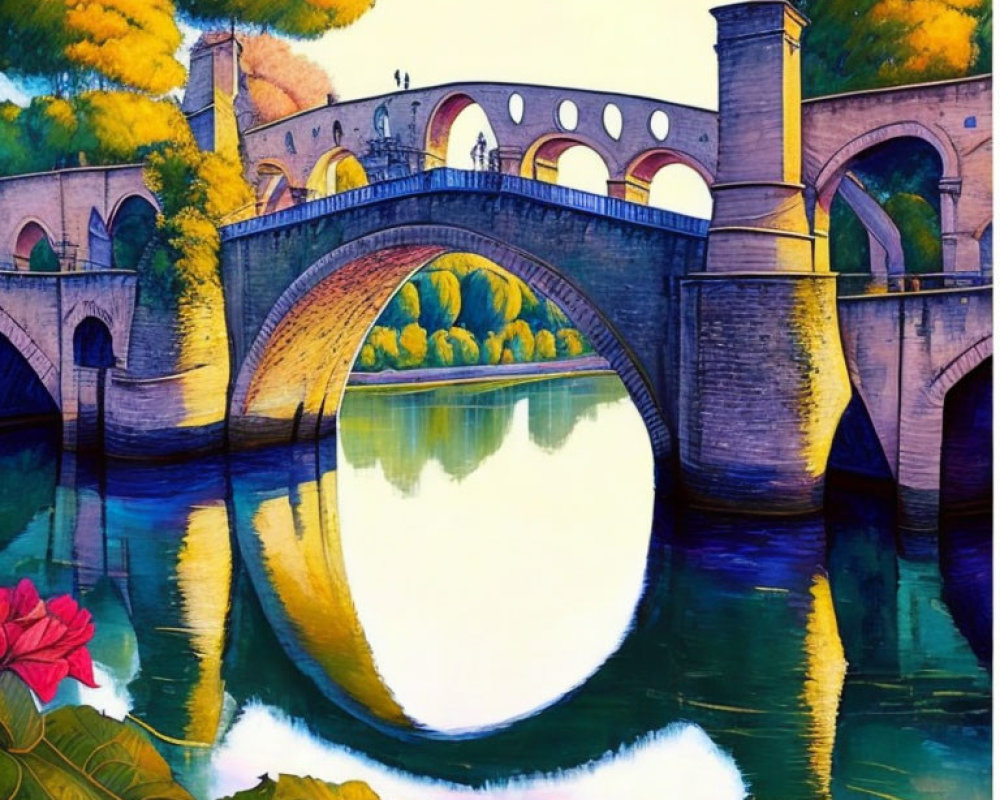 Historic stone bridge painting with arches, lush foliage, and clear skies