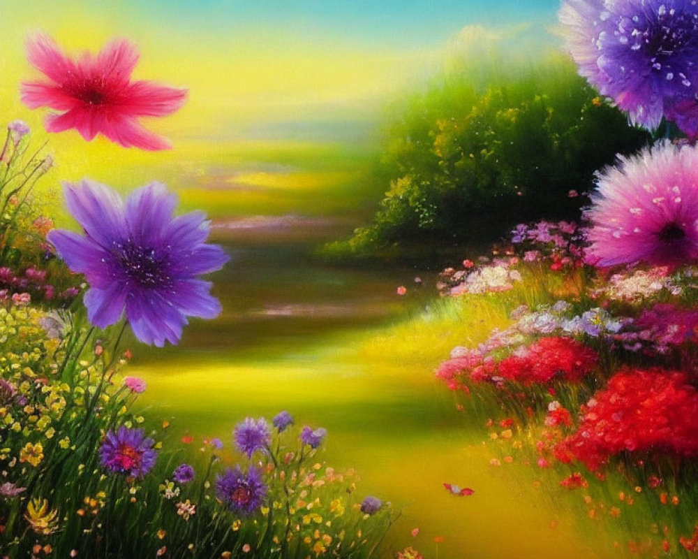 Colorful Flower Field Painting with Pink and Purple Blossoms