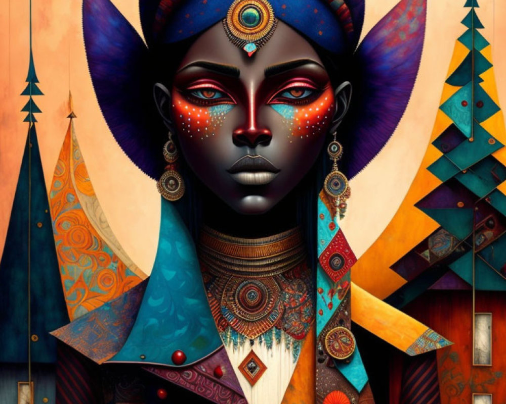 Colorful illustration of woman with blue skin and tribal makeup on abstract background