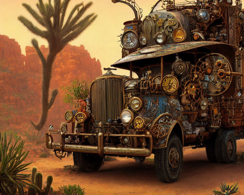 Vintage truck with mechanical parts in desert landscape.