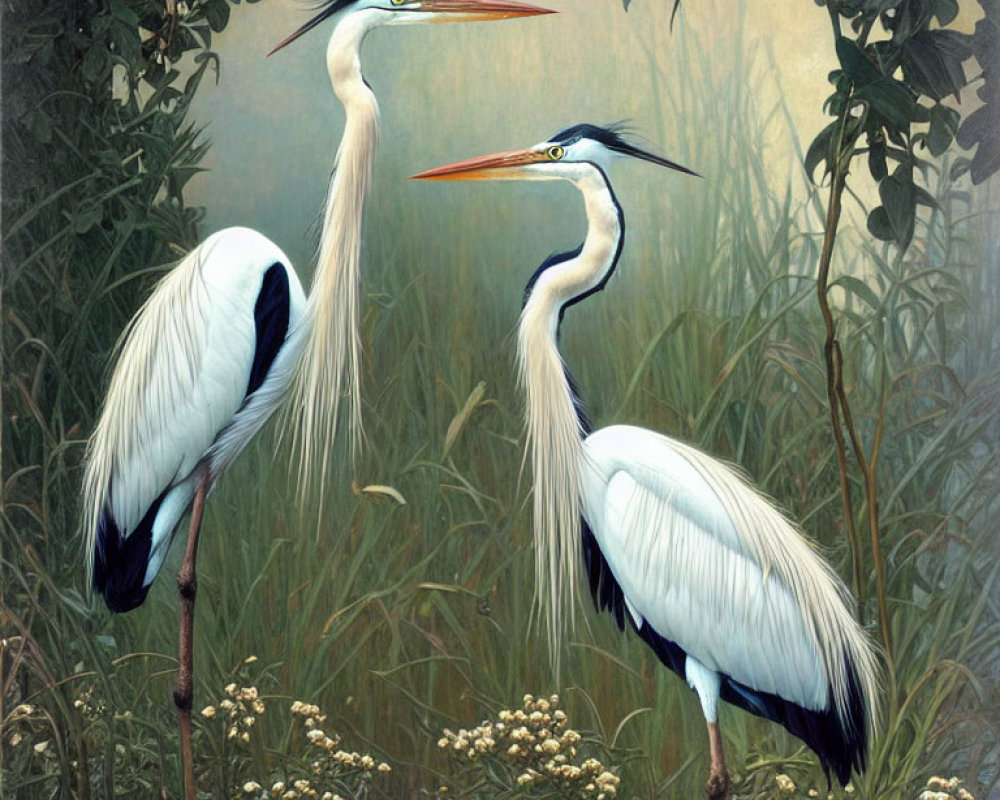 Elegant herons in green reeds with white plumage and orange beaks