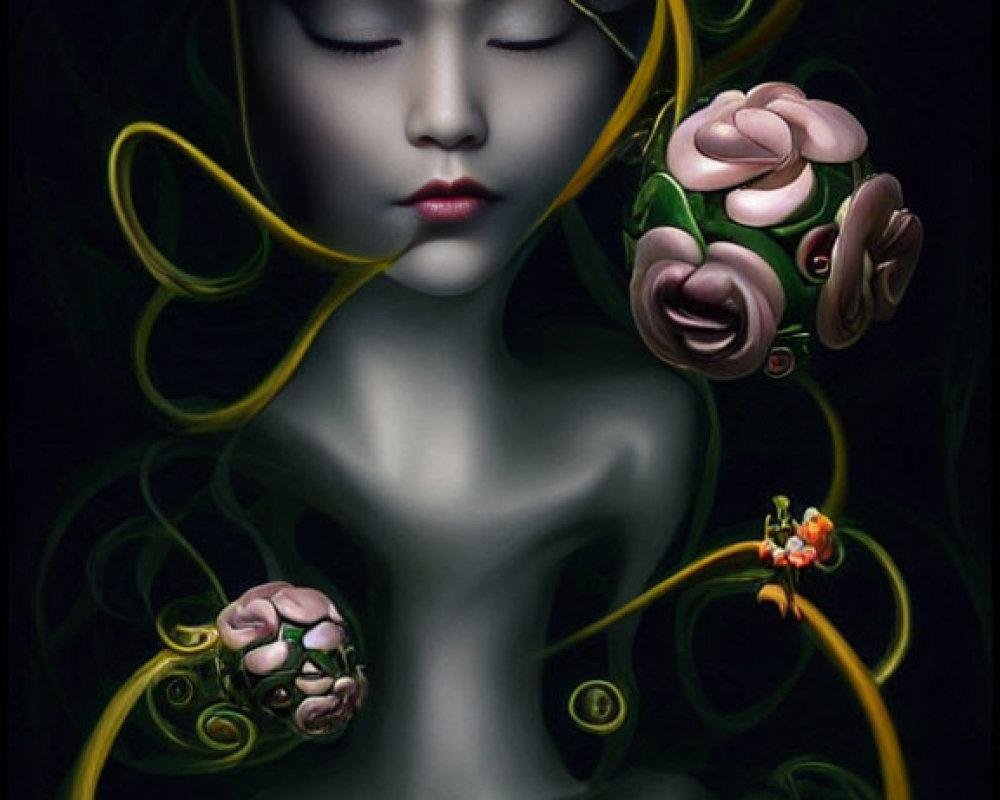 Surreal portrait of woman with closed eyes and golden swirls