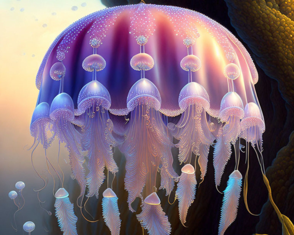 Colorful Fantastical Jellyfish Illustration in Underwater Scene