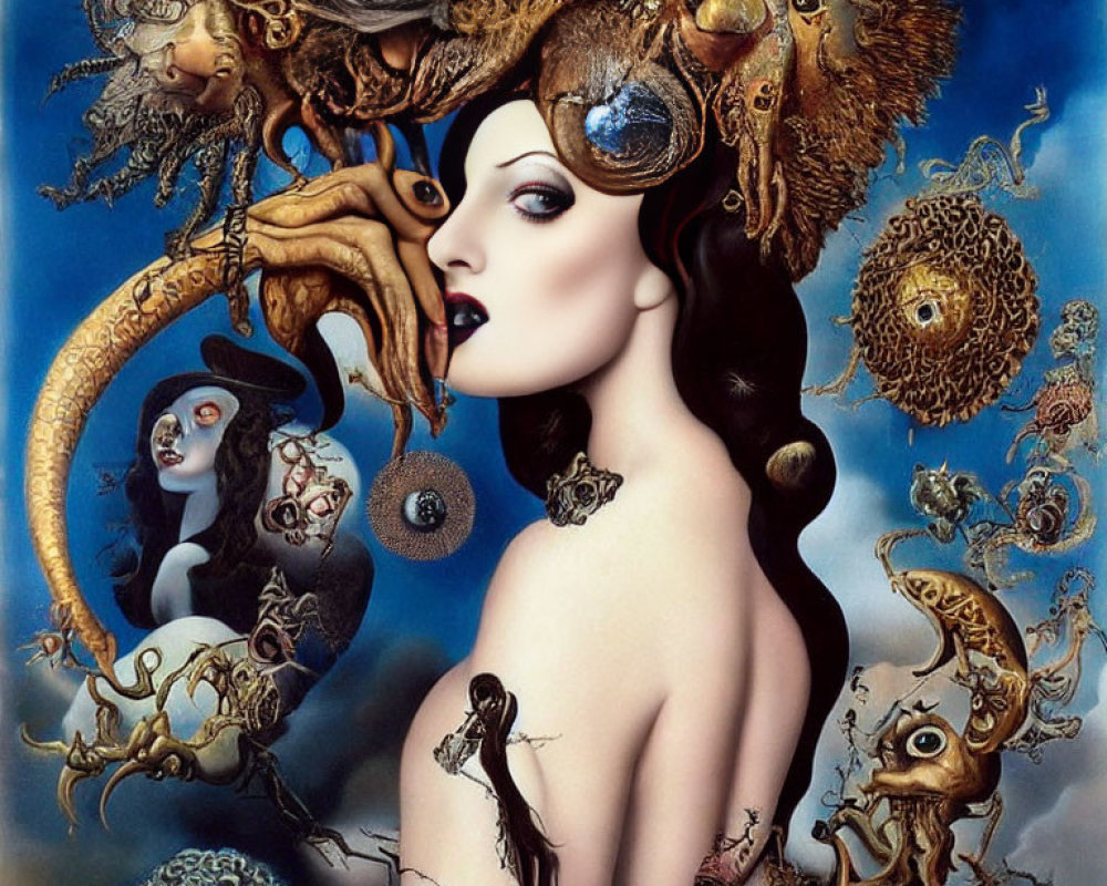 Surreal Woman Art: Ornate Headdress with Eyes, Tentacles, and Fantastical