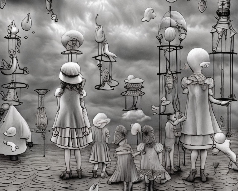 Monochrome surreal image: faceless figures in Victorian attire with floating objects under cloudy skies