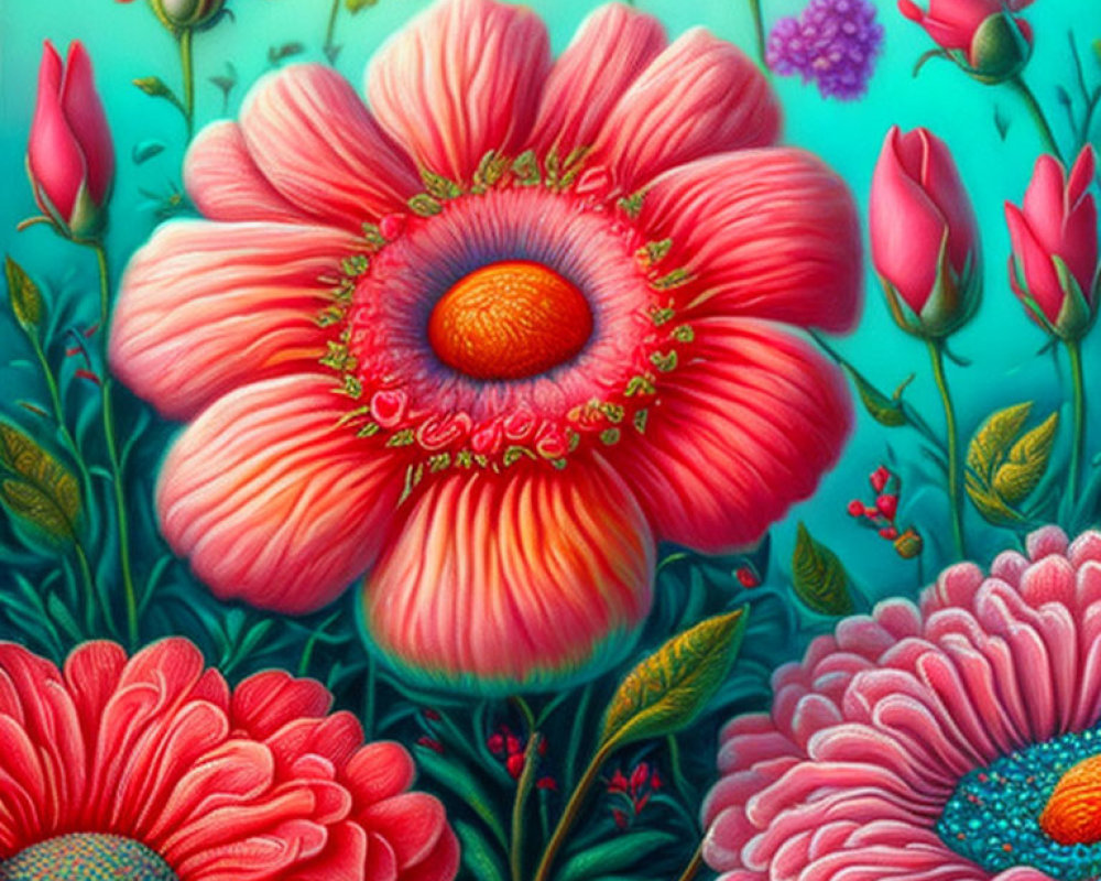 Colorful Digital Artwork of Large Pink Flower and Blossoms