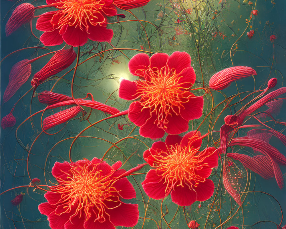 Detailed Image of Vibrant Red Flowers Surrounded by Lush Greenery