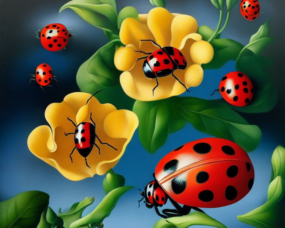 Colorful painting of red ladybugs on yellow flowers against blue backdrop