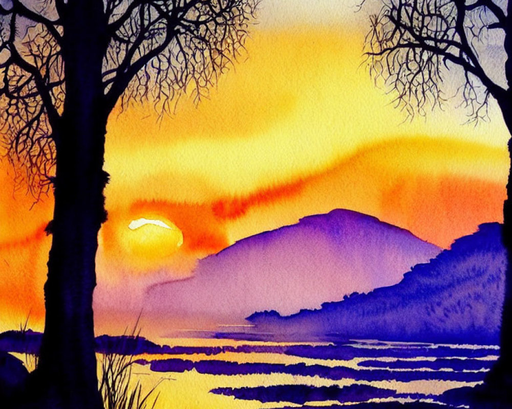 Vibrant sunset watercolor with tree silhouettes, lake, and mountain under gradient sky