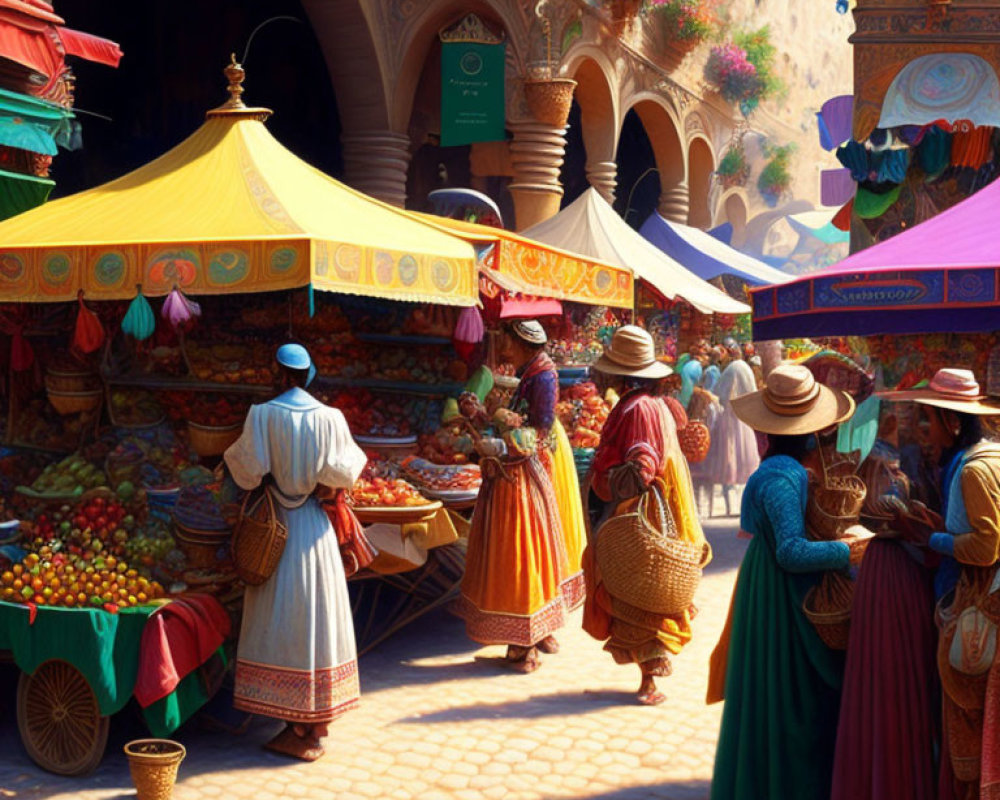 Traditional Clothing Market Scene with Colorful Fruits and Bright Canopies