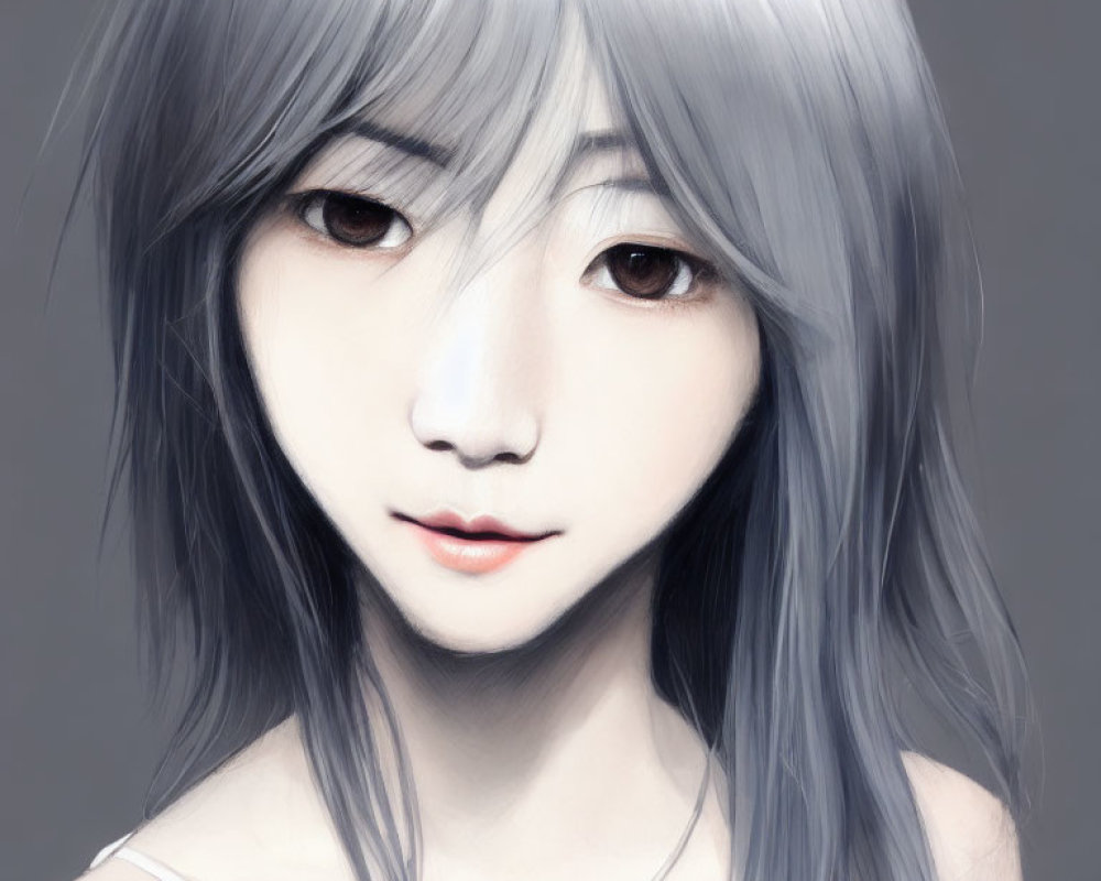 Digital painting of a girl with long silver hair and brown eyes on gray backdrop