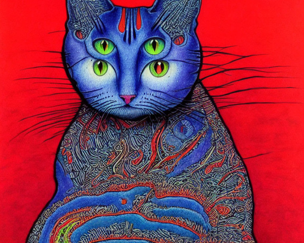 Vibrant Stylized Cat Illustration with Green Eyes and Blue Patterns