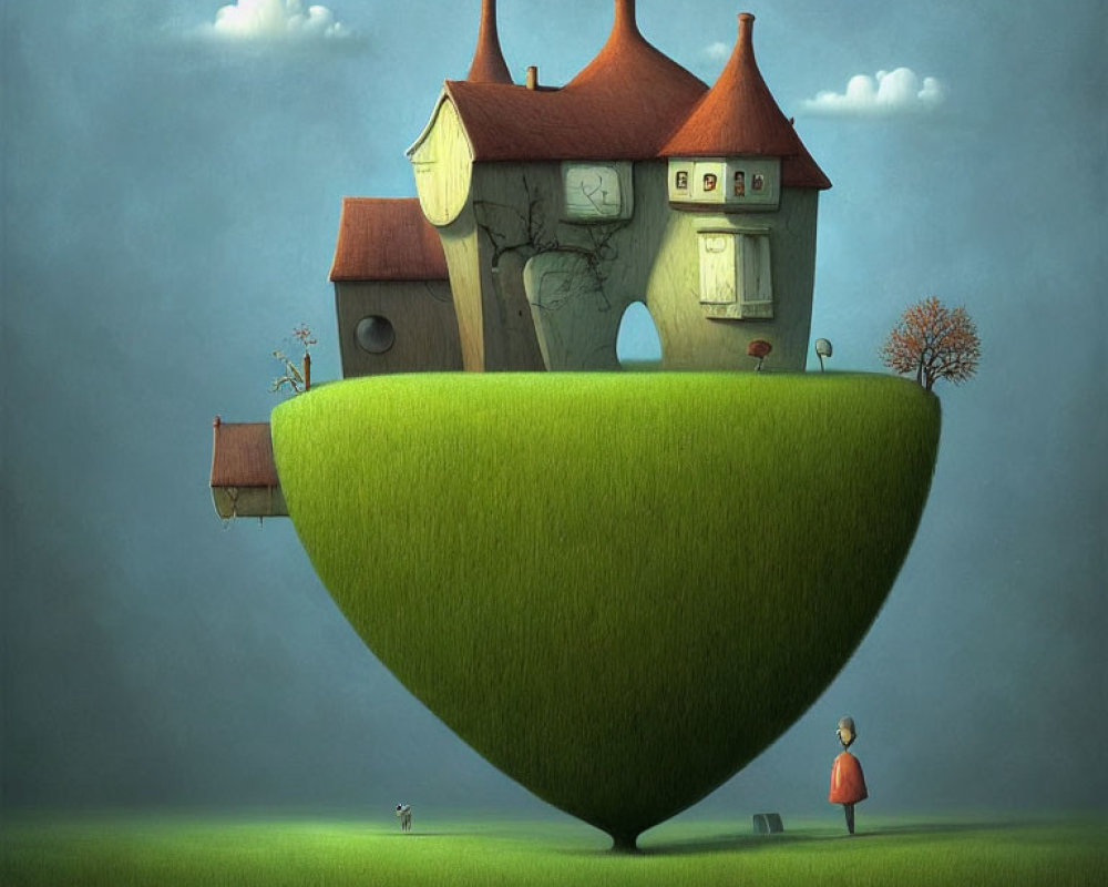 Surreal illustration of quaint house on floating green hill