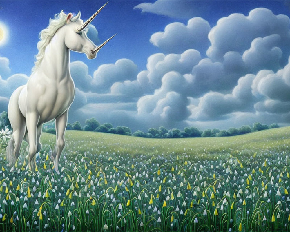 White Unicorn in Blooming Field with Daisies and Full Moon