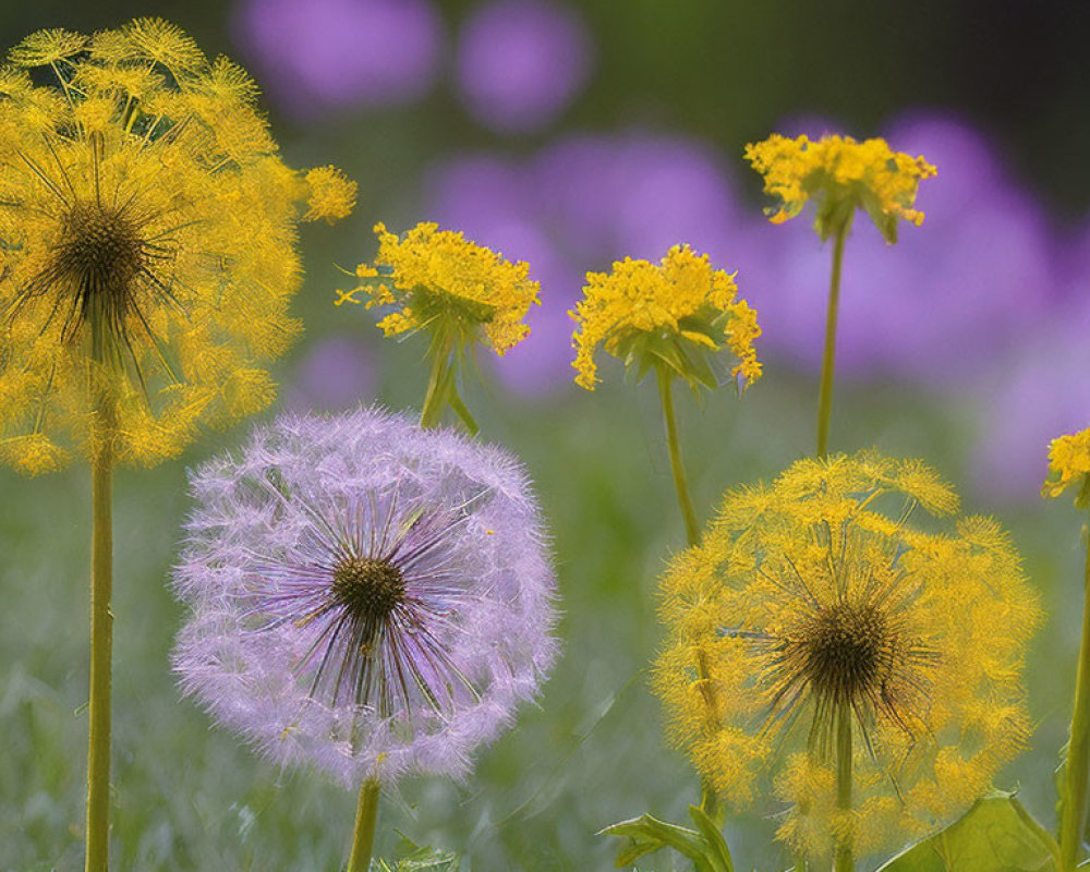 Delicate dandelions in bloom with purple flowers and green foliage