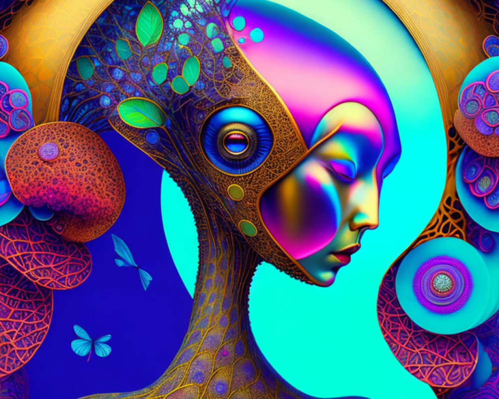 Colorful digital artwork of a female figure with surreal landscape head and geometric elements on blue backdrop