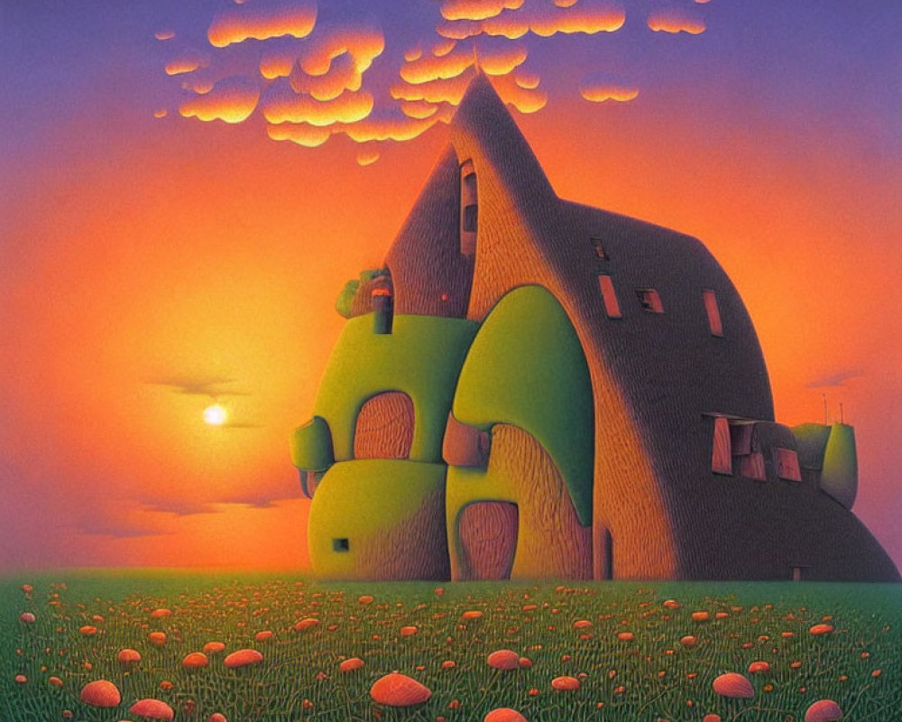 Whimsical house on red mushroom field under purple sky