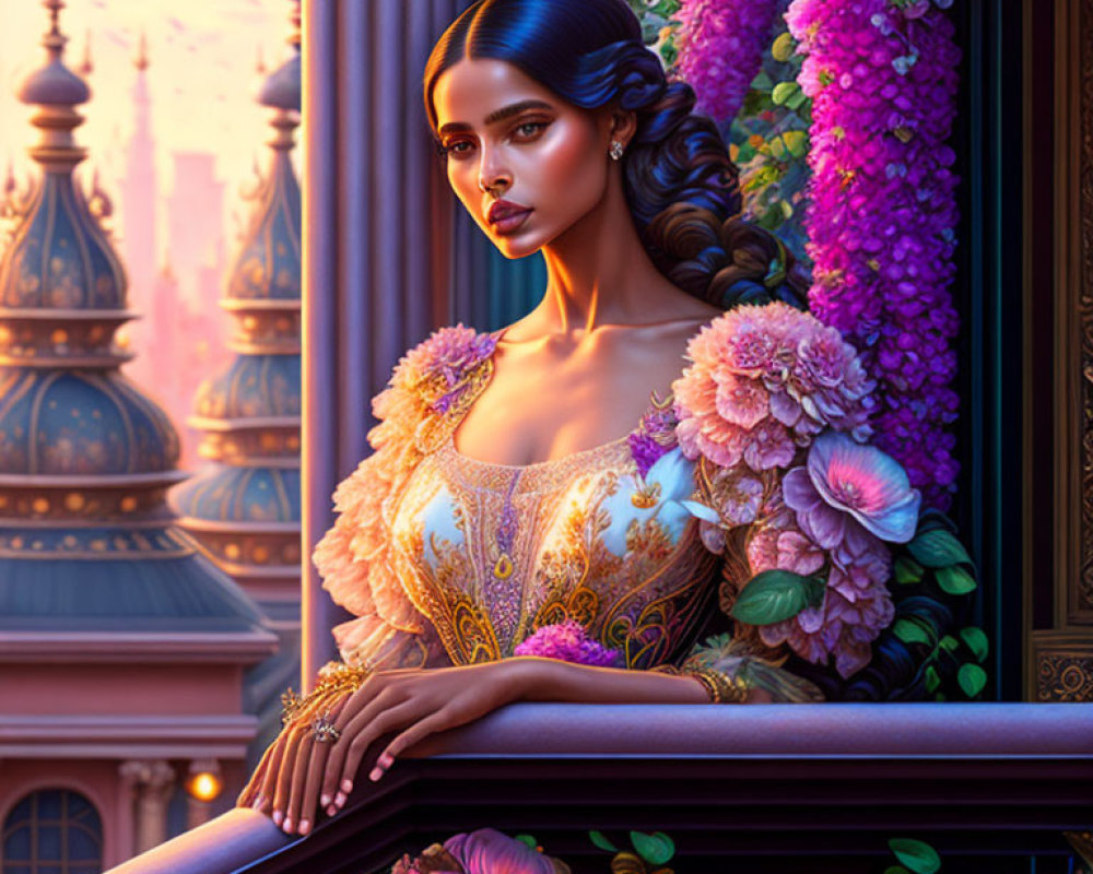 Elegant woman in adorned dress on balcony with pink cityscape