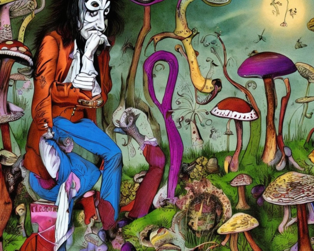 Colorful Character Surrounded by Mushrooms and Creatures