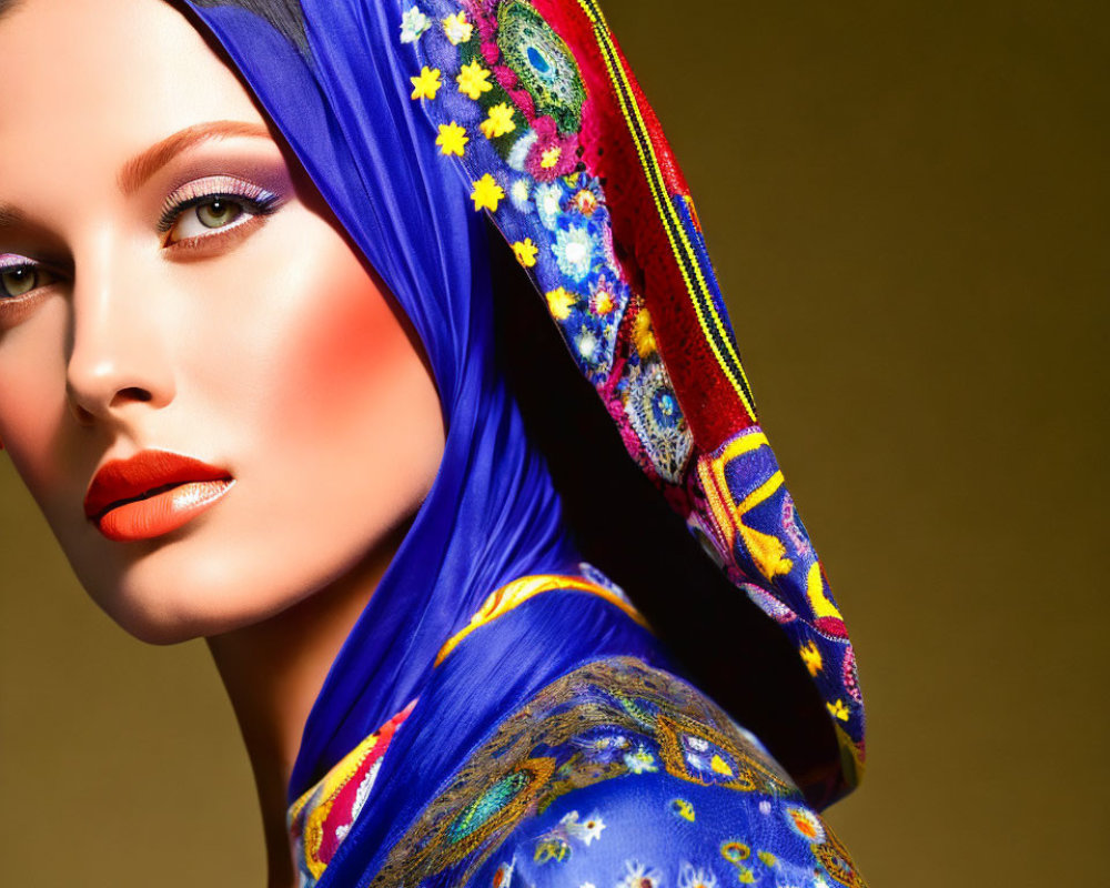 Colorful headscarf and striking makeup on woman against golden background