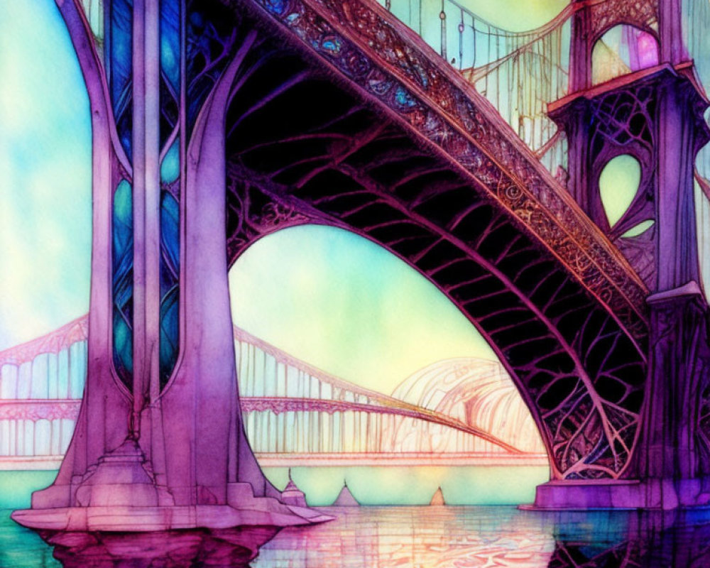 Colorful Art Nouveau-inspired bridge illustration with intricate details and kaleidoscopic backdrop