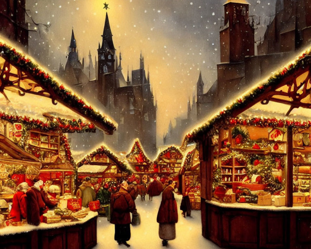 Snow-covered town Christmas market with cathedral and golden lights