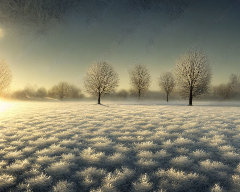 Frost-covered winter landscape with leafless trees at sunrise or sunset