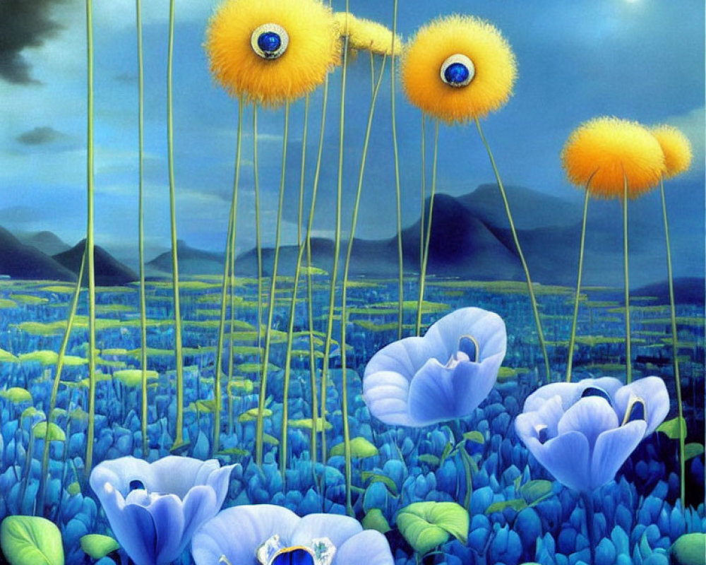 Surreal landscape with blue flowers and eye-stalked yellow plants under moonlight