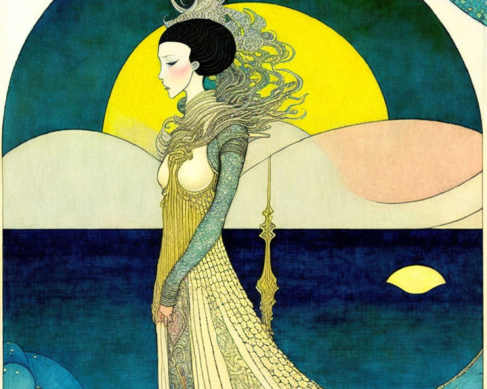 Illustrated woman in profile against stylized moon backdrop with blue and pink hues