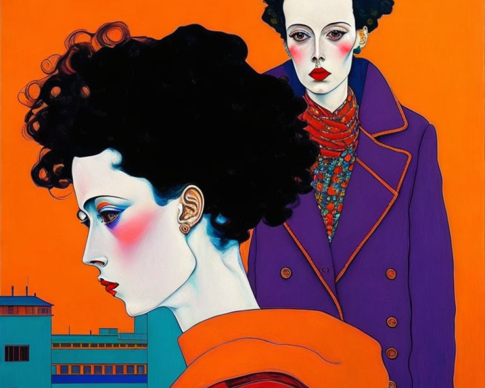 Stylized women with vibrant makeup and elegant attire on orange backdrop and urban scene.