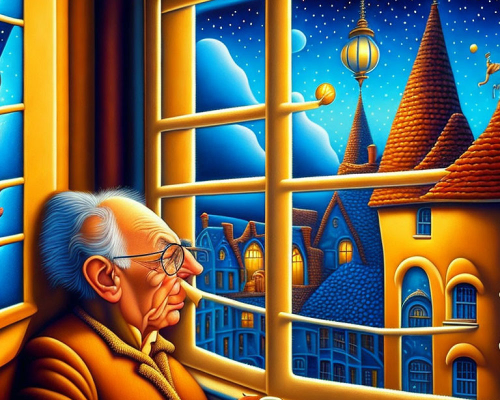 Elderly person with glasses looking out whimsical night scene