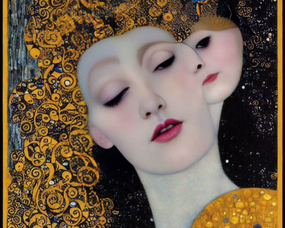 Ethereal faces with golden patterns on starry background