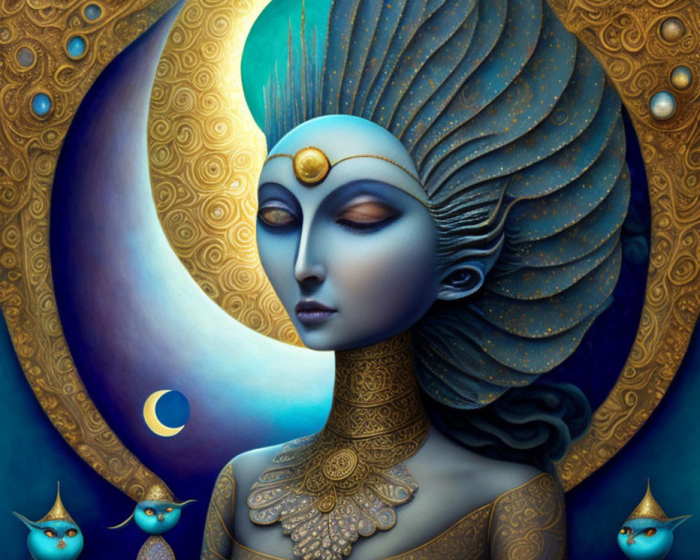 Surreal female figure with gold patterns, crescent moon, and stylized birds.