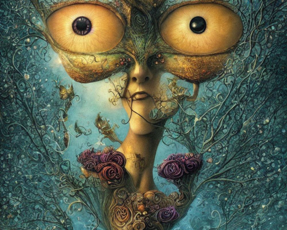 Surreal artwork featuring face with tree-like features and large eyes in intricate setting