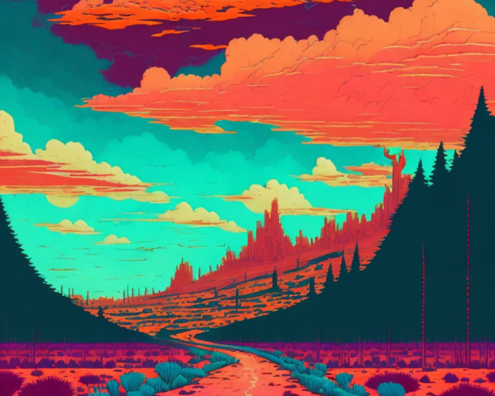 Surreal landscape with winding road through forest under orange and teal sky