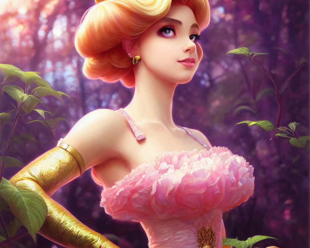 Golden Crown Princess in Pink Dress in Enchanted Forest