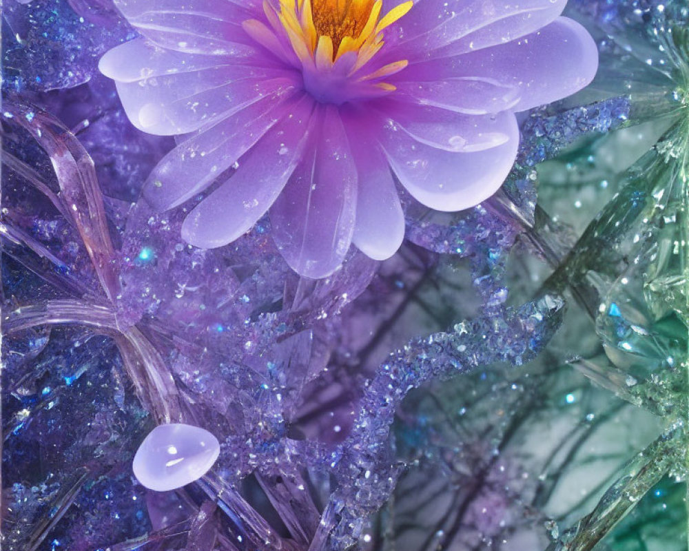 Vivid Purple Flower with Yellow Center and Crystal-like Structures